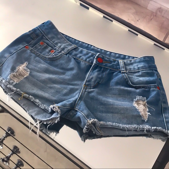 STASIA: Light Denim Jean Booty Shorts Orange Blue - Picture 2 of 2